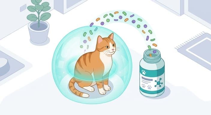 Cat beside a probiotic bottle with a protective gut shield, illustrating re-seeding the gut against environmental stresses.