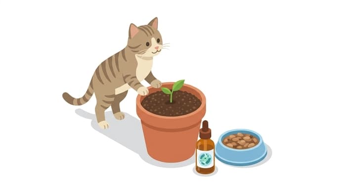 Cat with a seed-in-soil metaphor and a moist-food bowl to depict a holistic digestive wellness routine.