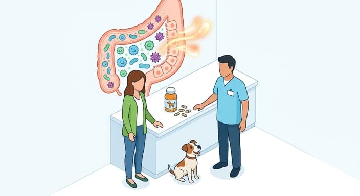 A probiotic bottle and capsules on a counter as a veterinarian and pet owner discuss gut health with a dog nearby.