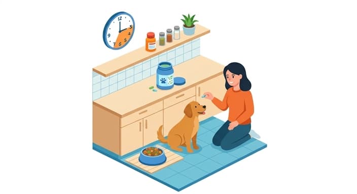 A probiotic alongside antibiotics and a wholesome diet, with timing indicated by a clock to emphasize consistency and environmental factors for gut health.