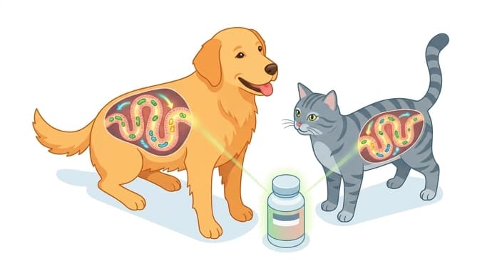 A dog and a cat shown with a cutaway gut highlighting beneficial bacteria and energy from SCFAs fueling the gut lining.