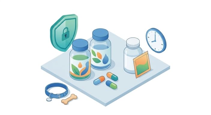 Two probiotic bottles with different capsules and a clock icon illustrate survivability, strain specificity, and timing in pet gut health supplements.