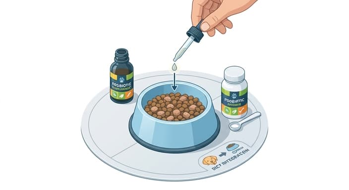 A dosing scene illustrating a slow, step-by-step probiotic introduction for a dog.