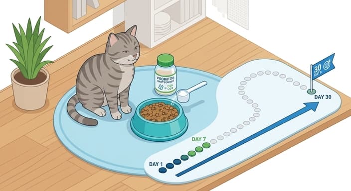 A cat with a probiotic bottle and scoop, illustrating a month-long, gradual dosing plan for gut health.