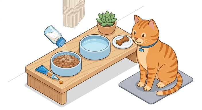 A cat-friendly setup showing powder, chew, and gel probiotic delivery at mealtime.