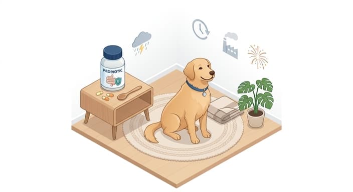 A dog relaxed beside a probiotic bottle, illustrating how a consistent regimen helps buffer stress.