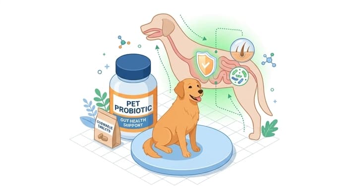 A dog with a probiotic bottle and a visual gut-immune concept to illustrate how probiotics support gut health and skin condition.