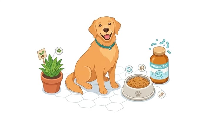 A cozy scene showing a probiotic bottle, a dog food bowl, and a plant to symbolize integrating prebiotics and diet in a holistic gut health routine.