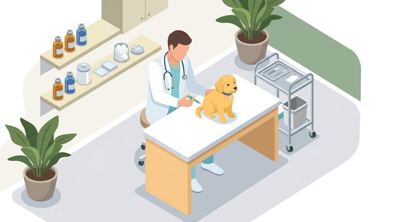 A veterinarian gives a core vaccine to a puppy during a routine check-up.