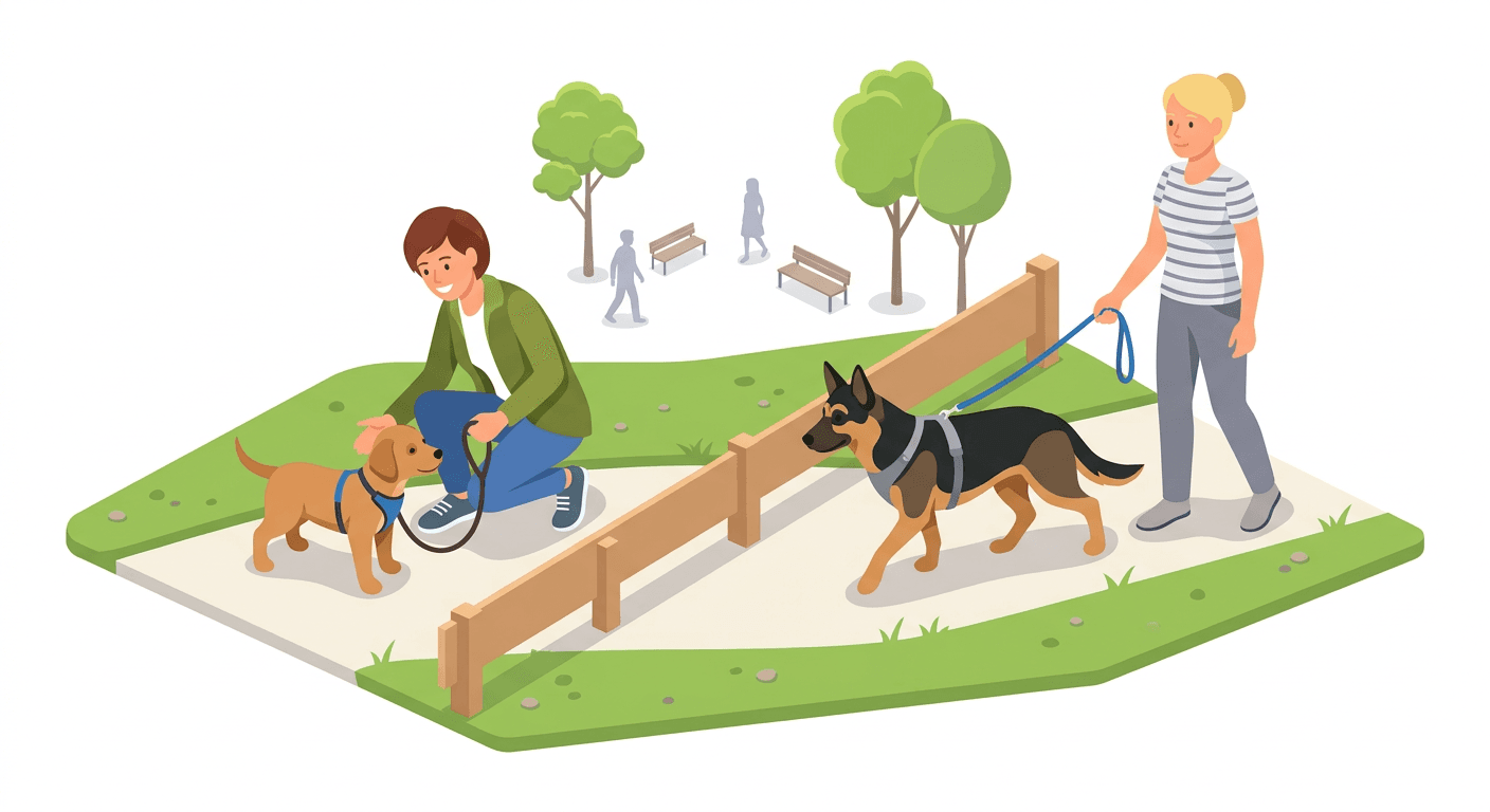 A puppy on a leash socializes safely in a supervised outdoor space.