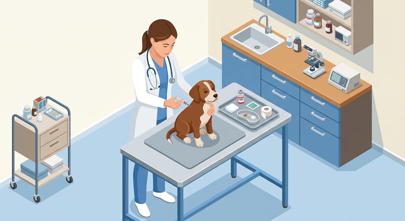 A veterinarian gives a puppy a vaccination during a clinic visit, illustrating the core vaccine step emphasized in the article.