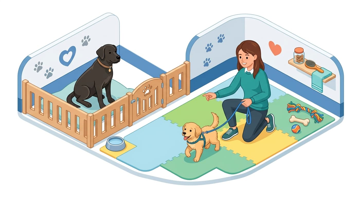 A caregiver supervises a vaccinated puppy as it socializes safely with another dog in a controlled setting, illustrating post-shot socialization guidance.