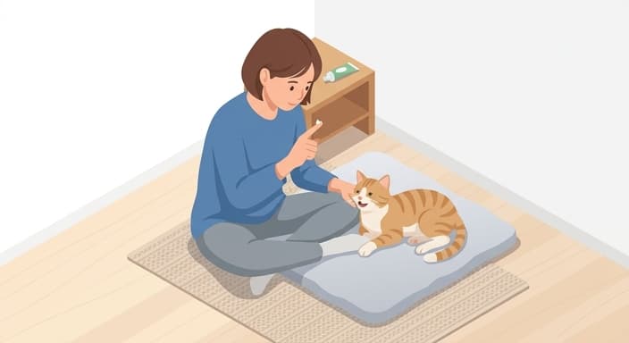 A caregiver applies pet enzymatic toothpaste to their finger as they begin a gentle brushing routine with a relaxed cat.