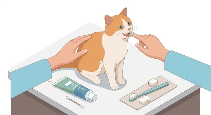 A caregiver uses a finger or cotton swab to apply enzymatic dental gel to a cat’s gums, illustrating gel-based care.