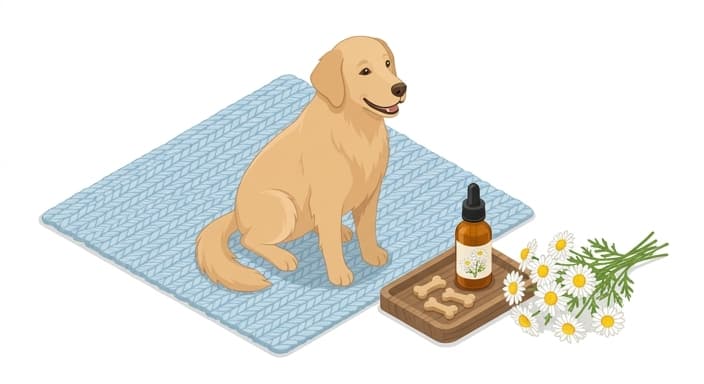A calm dog beside chamomile flowers and pet-friendly tincture and chews, illustrating calming herbs used in a daily routine.