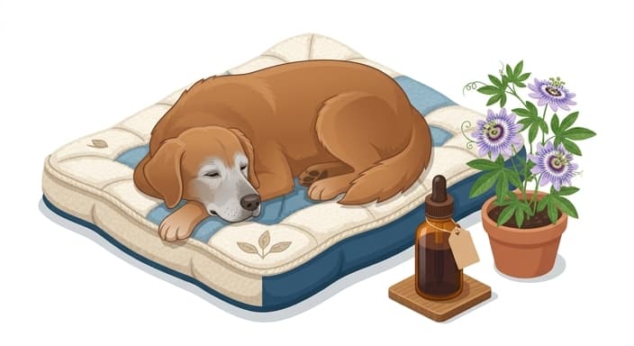 A relaxed senior dog near valerian root and passionflower remedies, depicting gentler support for heightened anxiety.