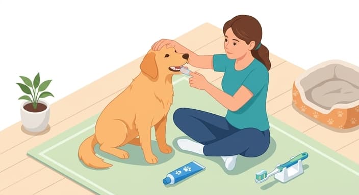 A pet owner introduces brushing with a finger brush and gauze-wrapped finger to a calm dog.