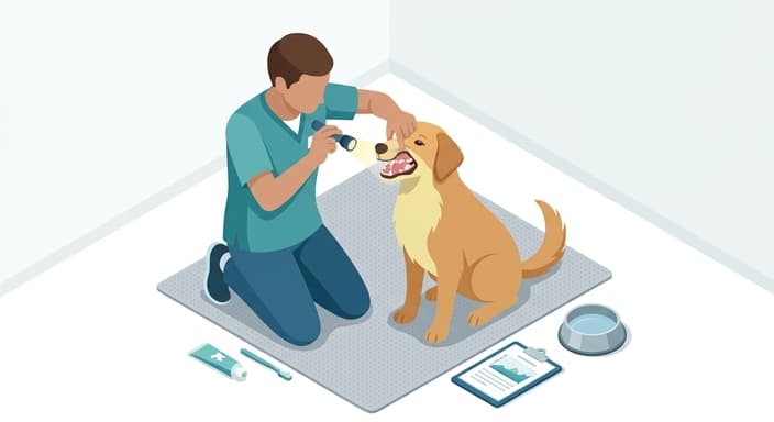 A person performs a home dental exam by lifting the dog's lip to look for gum inflammation.