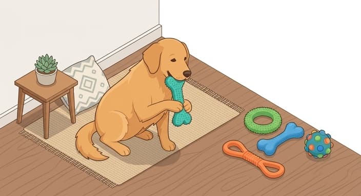A dog enjoys a rubbery, textured chew toy designed for safe enamel-friendly dental care.