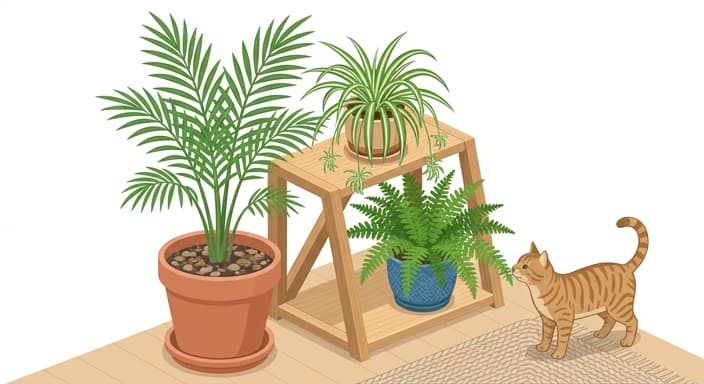 Cat-safe plant display featuring a Parlor Palm and variegated Spider Plant in a tidy indoor setup.