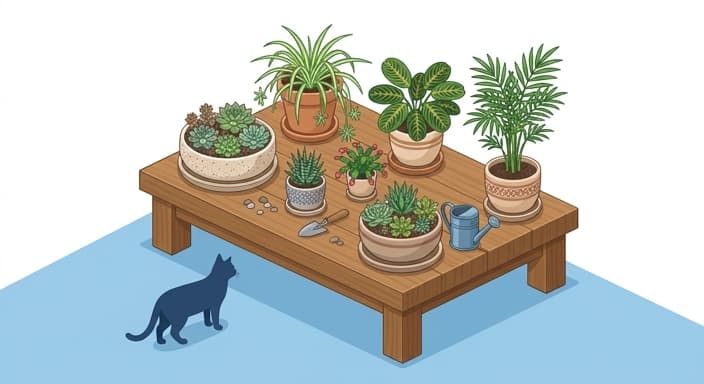 Stable arrangement of heavy pots and succulents designed to reduce tipping and discourage risky feline interaction.