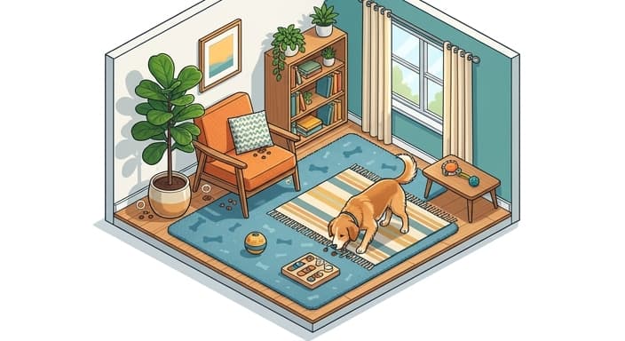 A dog noses around a safe indoor zone, hunting for hidden treats as part of a scent-foraging game.