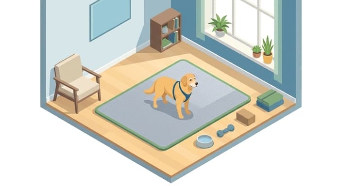 A senior dog stands on a soft non-slip mat in a bright obstacle-free indoor space prepared for safe exercise.