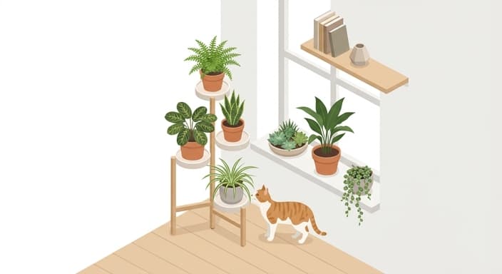 A cat-friendly indoor plant display featuring safe, non-toxic varieties arranged for exploration.