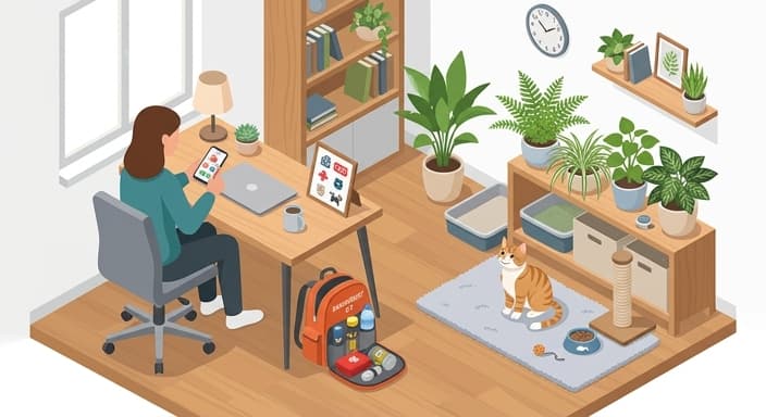 A prepared, pet-safe corner illustrating emergency-readiness in a cat-friendly home.