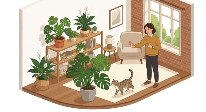 A cat and guardian near common houseplants, highlighting caution about plant toxicity.
