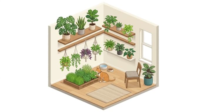 Elevated planters and a low Safe Grazing Zone demonstrate how to redirect a cat’s grazing behavior.
