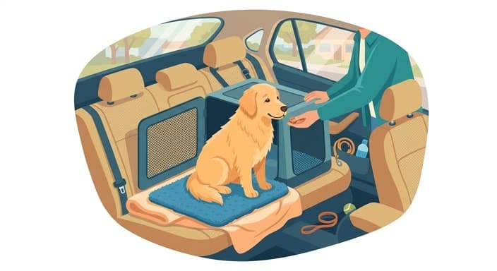 A dog settled in a cozy car den as a treat is offered during a short, positive drive.