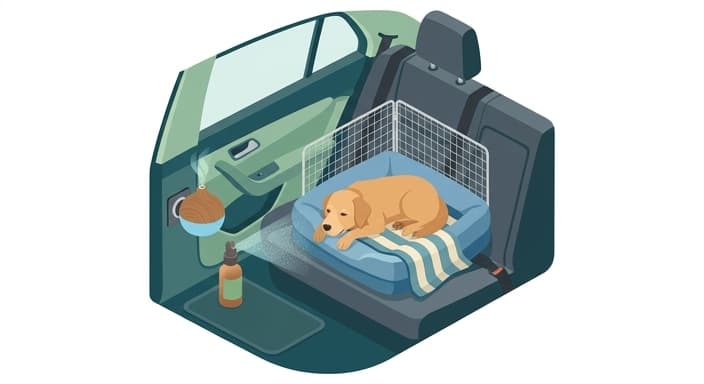 A dog resting on bedding with a diffuser and spray bottle nearby to create a calming in-car ambiance.