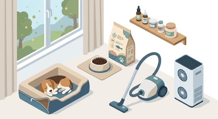 A home environment featuring allergen-reducing setups and a diet-friendly feeding area to support a dog's gut-skin balance.