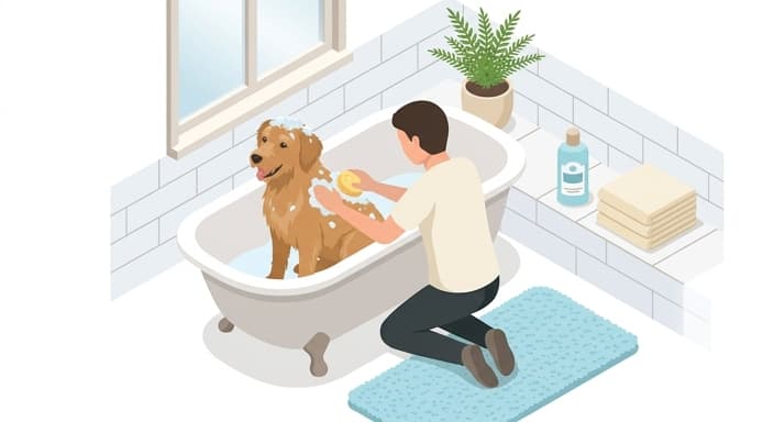 A dog enjoys a therapeutic bath as part of skin-barrier care during allergy season.