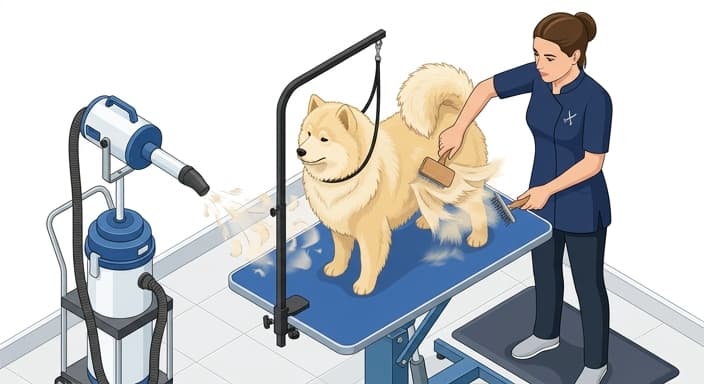 Groomer parts the dog's coat in sections with brushing tools while a dryer removes loose hair.