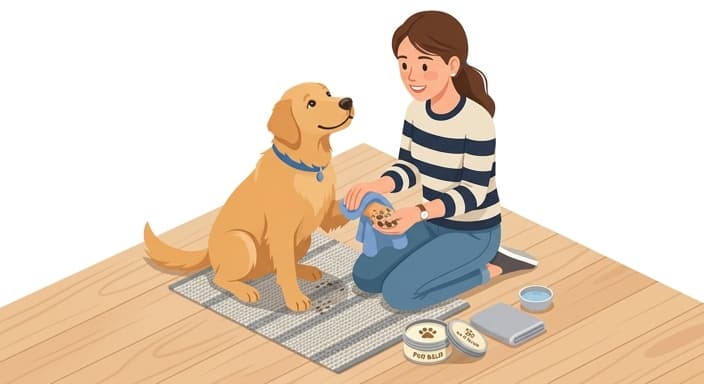 Owner cleans the dog's paws with a warm cloth after a winter walk, with paw balm ready to protect against harsh elements.
