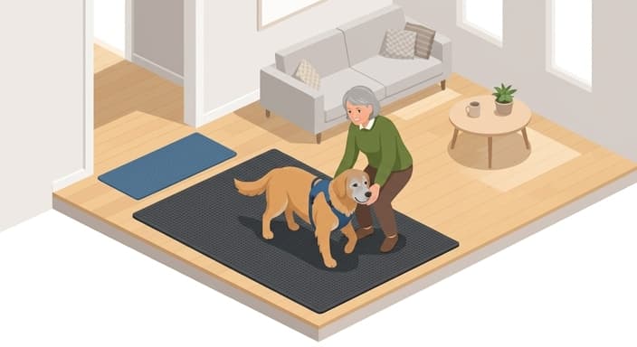Senior dog navigating the home on a non-slip mat with nearby owner support in a safer, more joint-friendly environment.