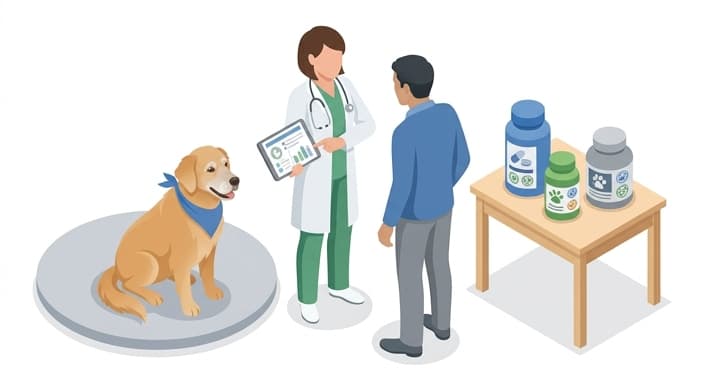 A veterinarian discusses joint-health supplements with a senior dog and owner, showing bottles and testing icons on the table.