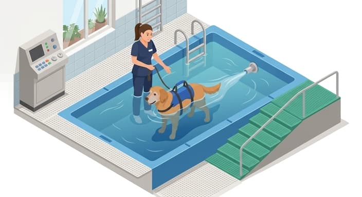 Therapist guides a senior dog through depth-adjusted hydrotherapy in a clinic pool.