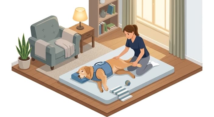 Owner guides gentle at-home range-of-motion exercises on a soft mat between hydrotherapy sessions.
