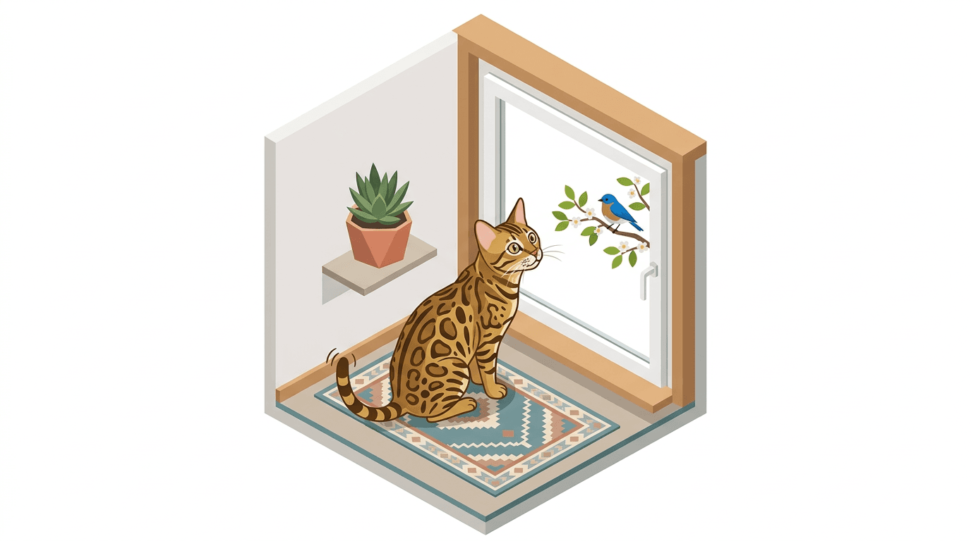 A high-energy Bengal cat observing the world from a window perch.