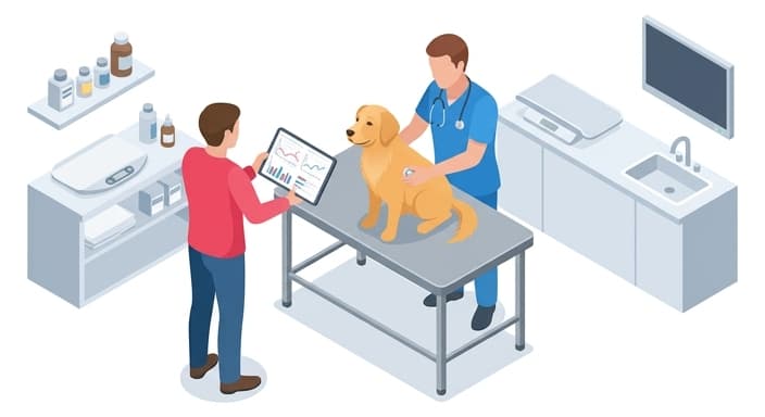 Owner and veterinarian review long-term collar data to guide health management during a clinic visit.