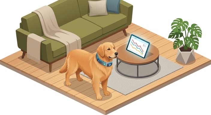 A dog wearing a smart collar with a nearby device showing declining activity, illustrating early signs of musculoskeletal distress.