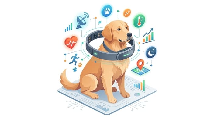 A dog wearing a smart GPS collar with biometric sensors, illustrating data-driven health and safety monitoring.