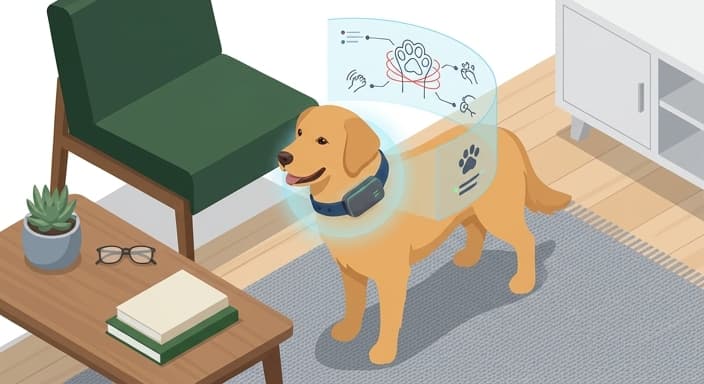 A pet wearing a GPS tracker on its collar, with visual cues indicating behavior monitoring.