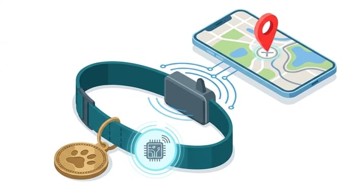 A safety setup showing a collar with an ID tag, a microchip, and a GPS tracker as layered pet protection.