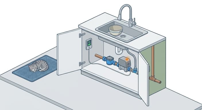 An isometric scene showing a smart water valve and sensor that automatically shut off water to protect a home and its pet from leaks.