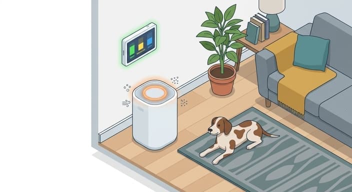 An isometric view of a pet-friendly living room with integrated air-quality sensors and an air purifier providing empirical feedback on indoor air safety.