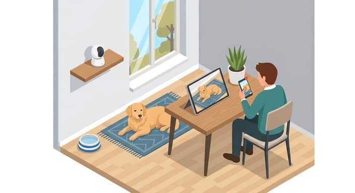 A homeowner monitors a pet’s live feed on a tablet, enabling quick action if the pet shows signs of distress.